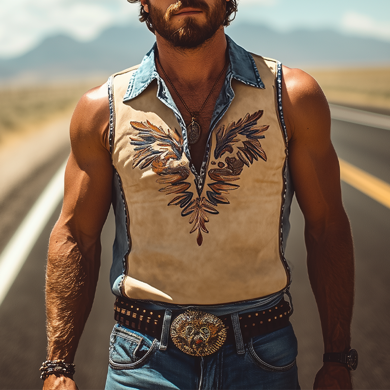 Men's Summer Fashion Retro Western Cowboy Style Denim Stitching Suede Embroidered Tank Top MTA2897D8K