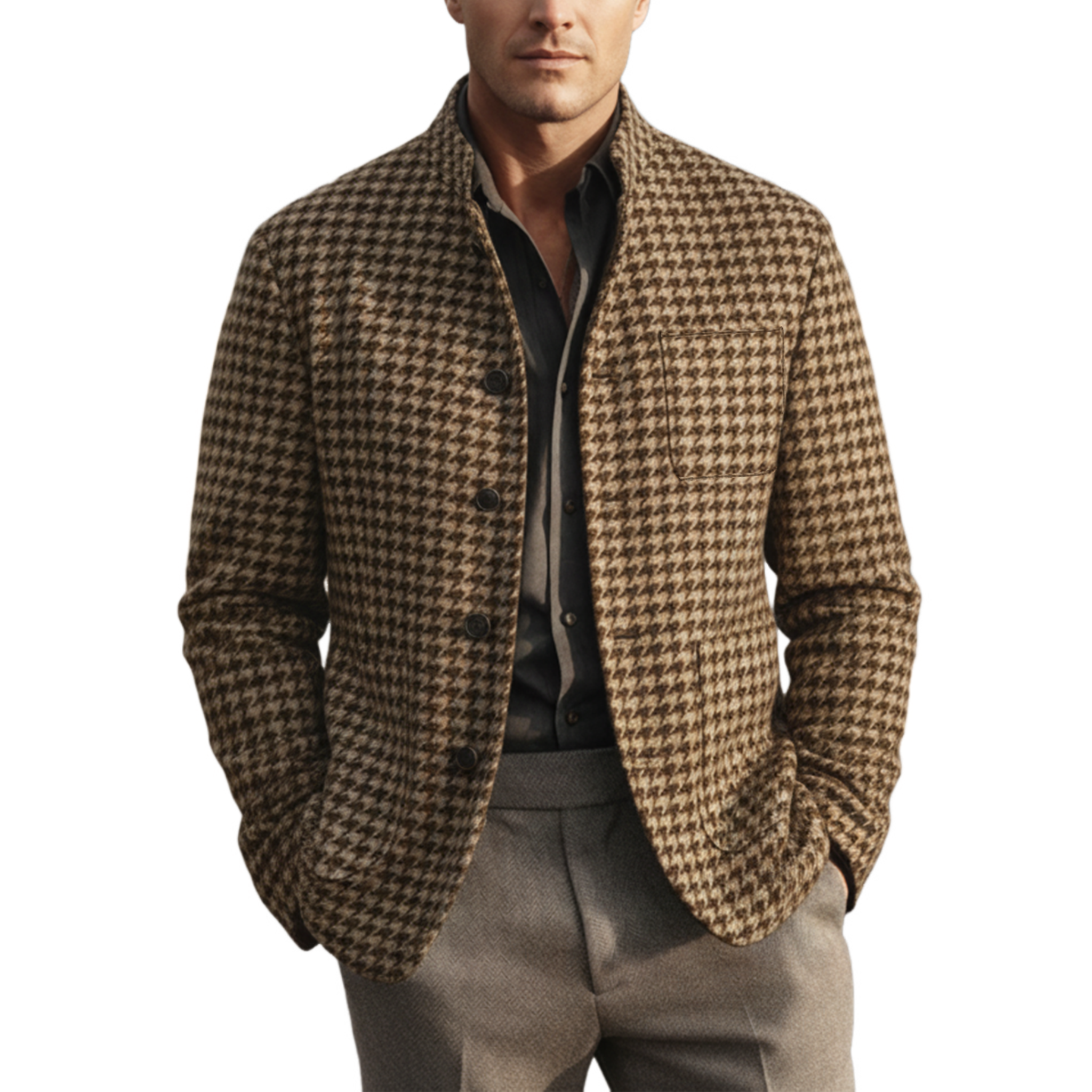 Men's Classic Retro Stand Collar Faux Houndstooth Wool Jacket MTA2505I3K