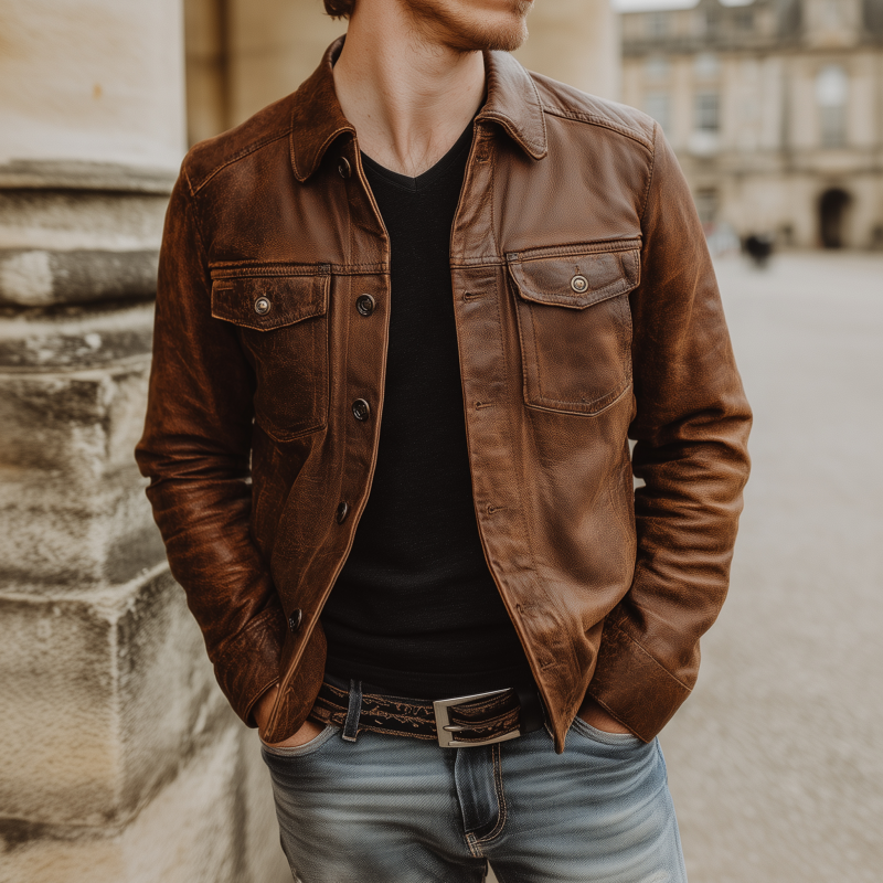 Men's Vintage Faux Leather Lapel Single Breasted Chest Pocket Slim Fit Jacket MTA2909G0M