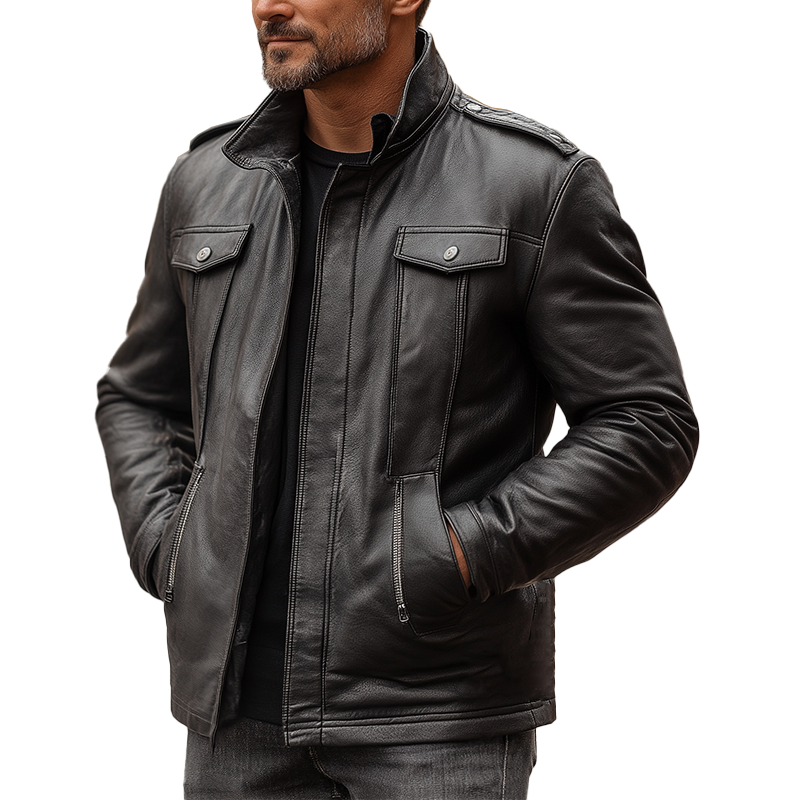 Men's Vintage Stand-collar PU Faux Leather Button-up Jacket MTA1625L0P