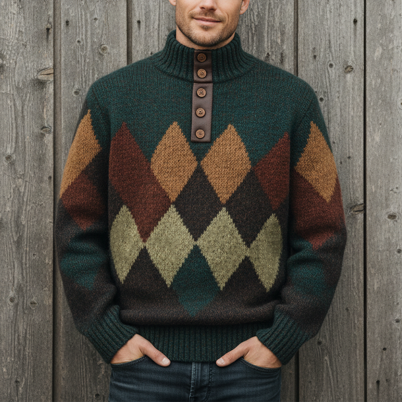 Men's Winter Fashion Diamond Pattern Cotton Yarn Knitted Turtleneck Sweater MTA1043J8P