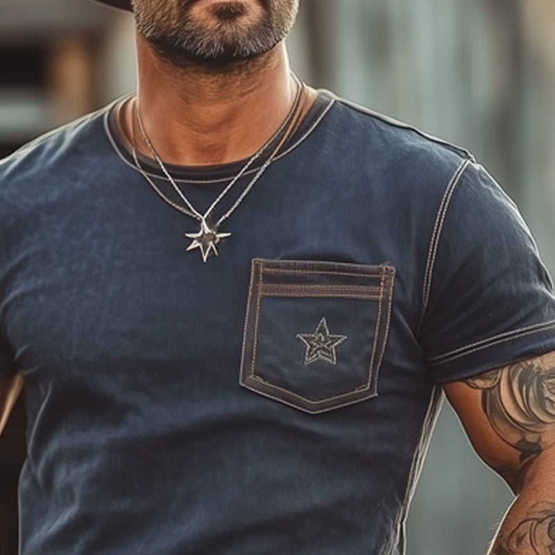 Herre-T-skjorte i western cowboy-stil med stjernebroderi og rund hals MTA2968E9U