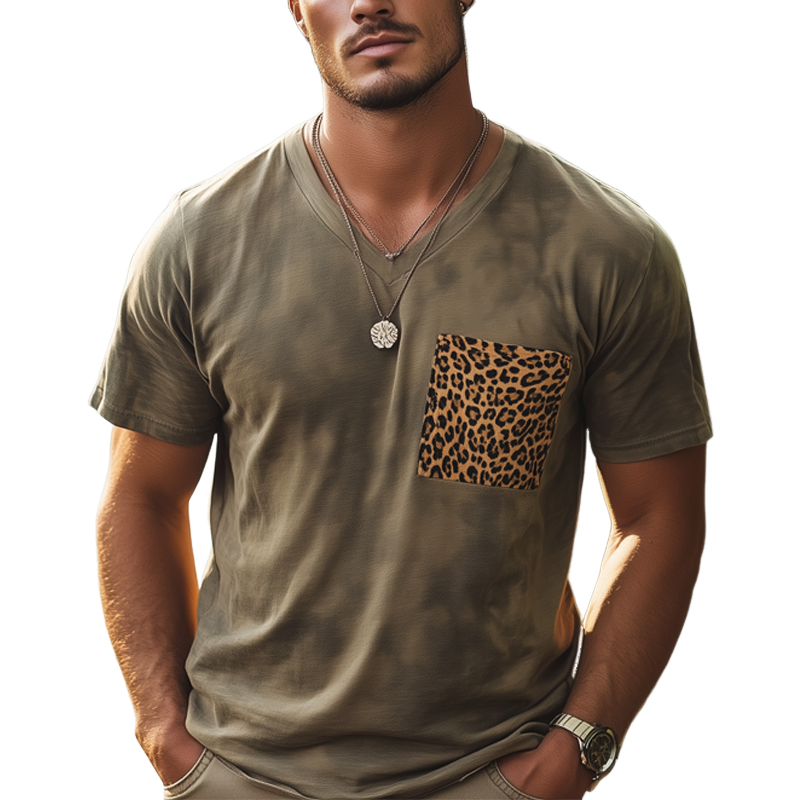 Herre retro V-hals leopardtrykk med lommesøm og korte ermer MTA2369F8U