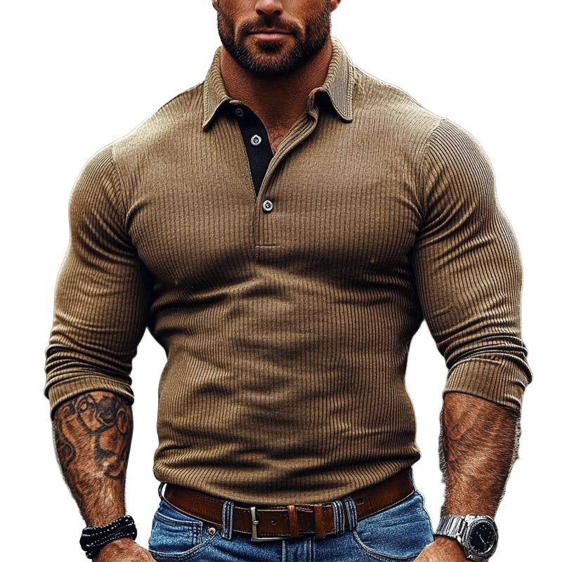 Men's Casual Striped Texture Contrast Color Long-sleeved POLO Shirt MTA1134J3X