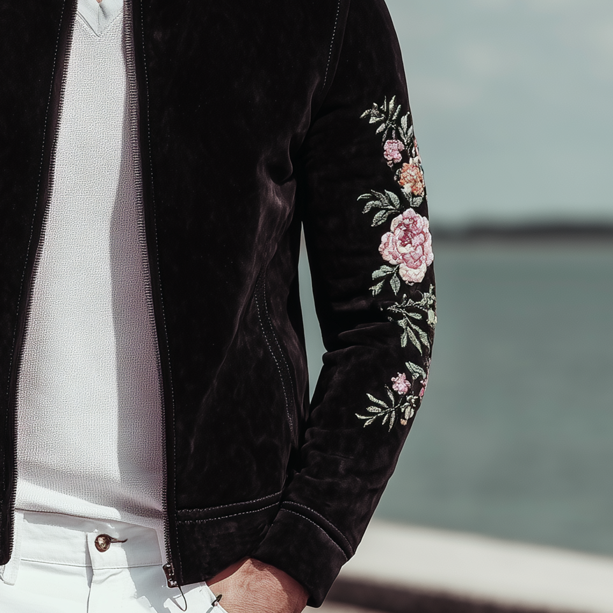 Men's Classic Vintage Stand Collar Suede Elbow Embroidery Zipper Jacket  MTA1478H9K