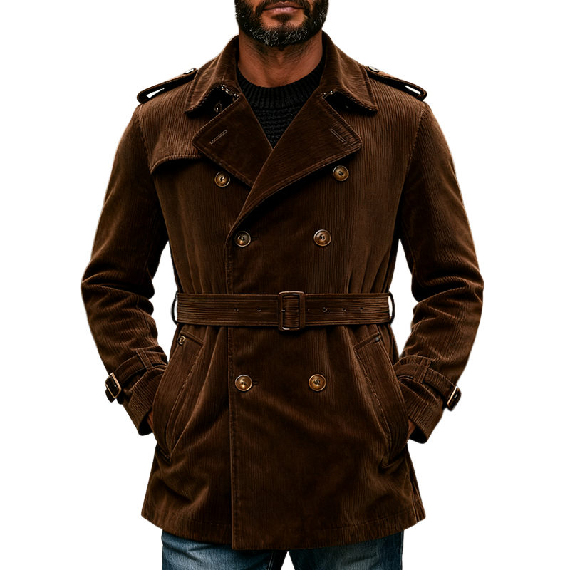 Men's Vintage Corduroy Navy Double-breasted Mid-length Coat MTA2522J3X