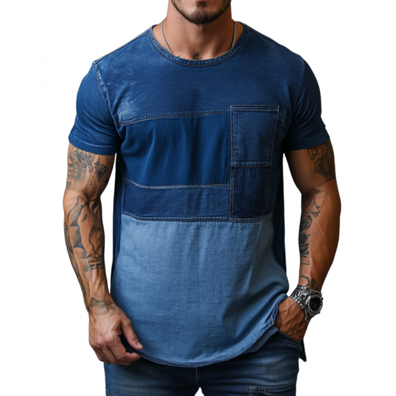 Men's Casual Washed Distressed Colorblock Patchwork Round Neck Loose Denim Short-sleeved T-shirt MTA1538E8M