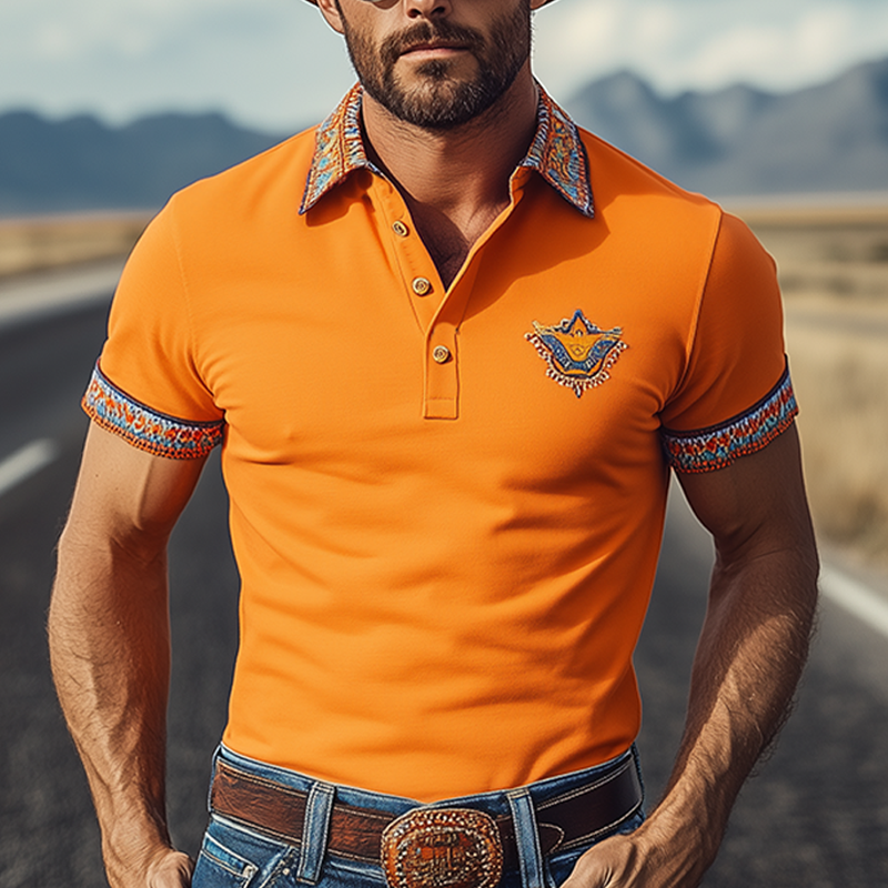 Men's Classic Casual Retro Western Cowboy Style Cotton Blend Embroidered Slim Fit Short Sleeve Polo Shirt MTA1215E1K