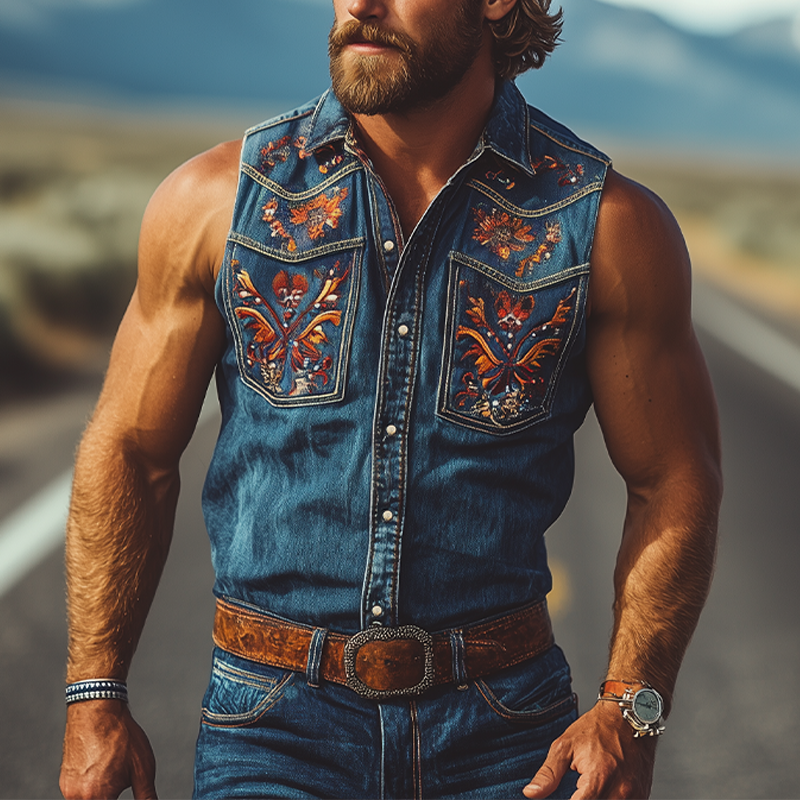 Men's Summer Fashion Retro Western Cowboy Style Denim Embroidery Sleeveless Shirt MTA2808D9K