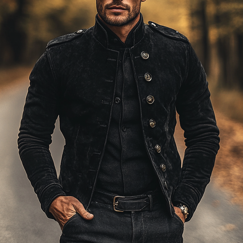 Men's Vintage Solid Color Stand Collar Single Breasted Faux Suede Jacket MTA2356I8X