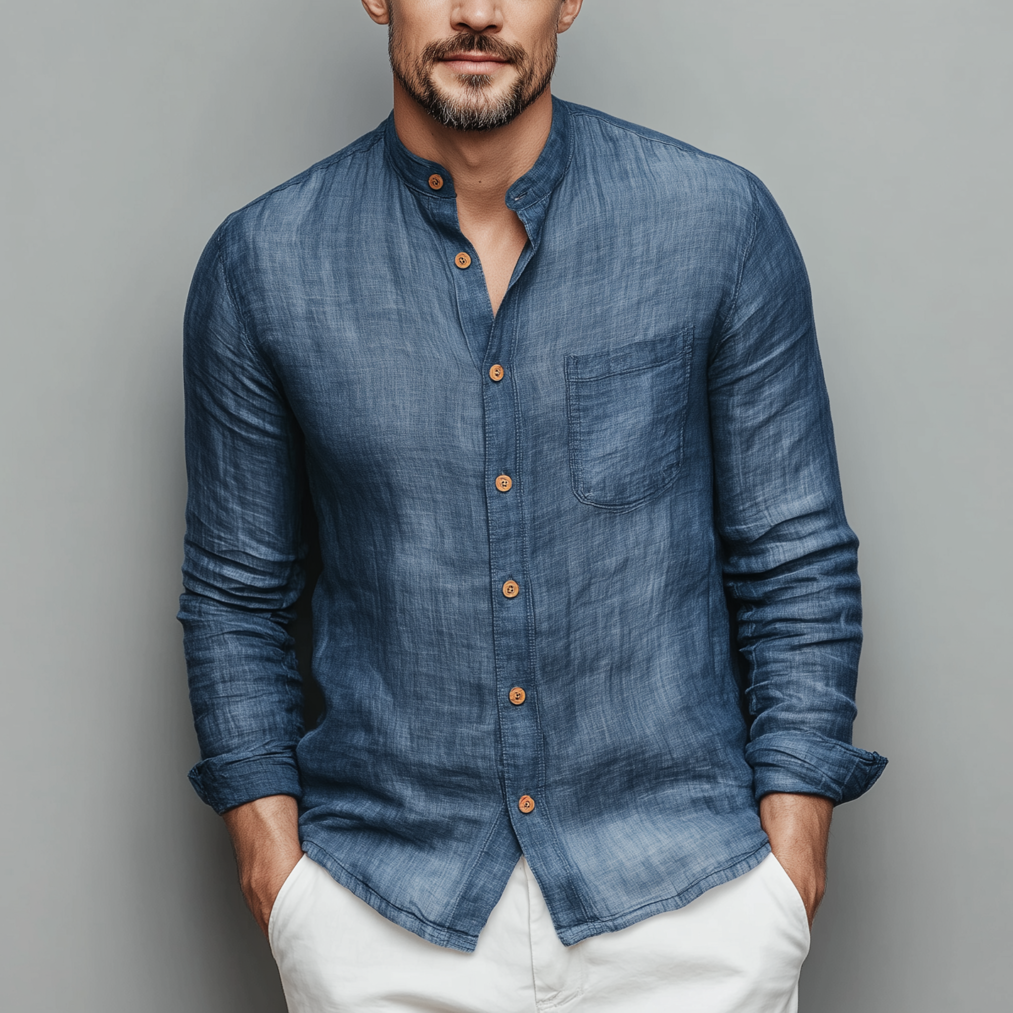 Men's Classic Casual Tencel Cotton Stand Collar Long Sleeve Shirt MTA2884G9K