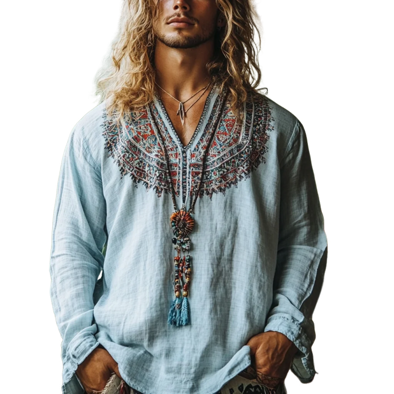 Men's Bohemian Print V Neck Long Sleeve Loose Fit Shirt 87851469Z