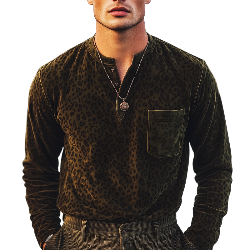 Men's Classic Henley Collar Leopard Suede Long Sleeve T-Shirt MTA3160G4U