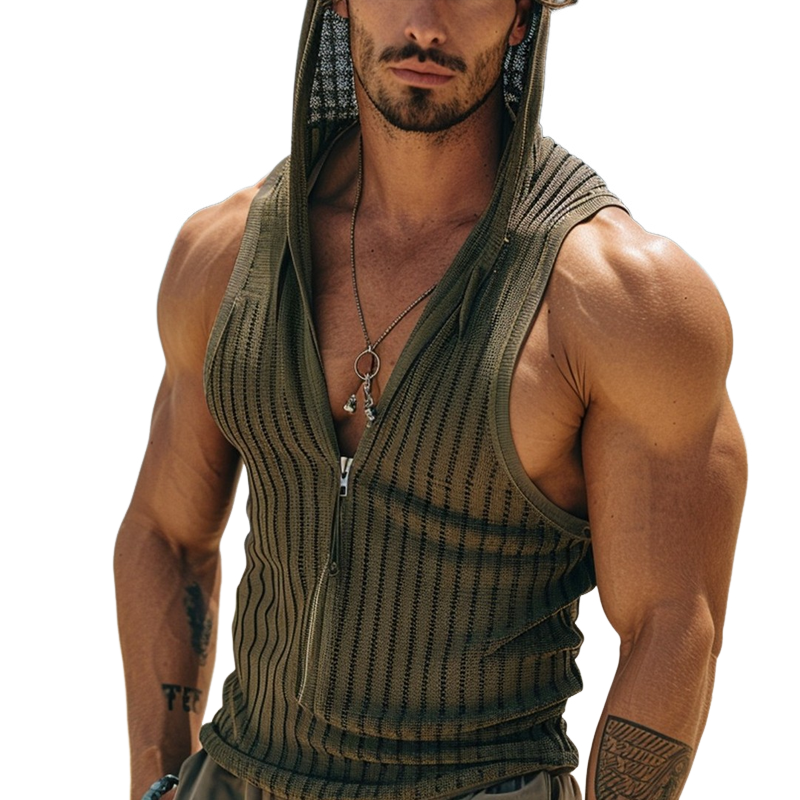 Men's Fashion Knitted Striped Hooded Sleeveless Tank Top MTA2920G7Z