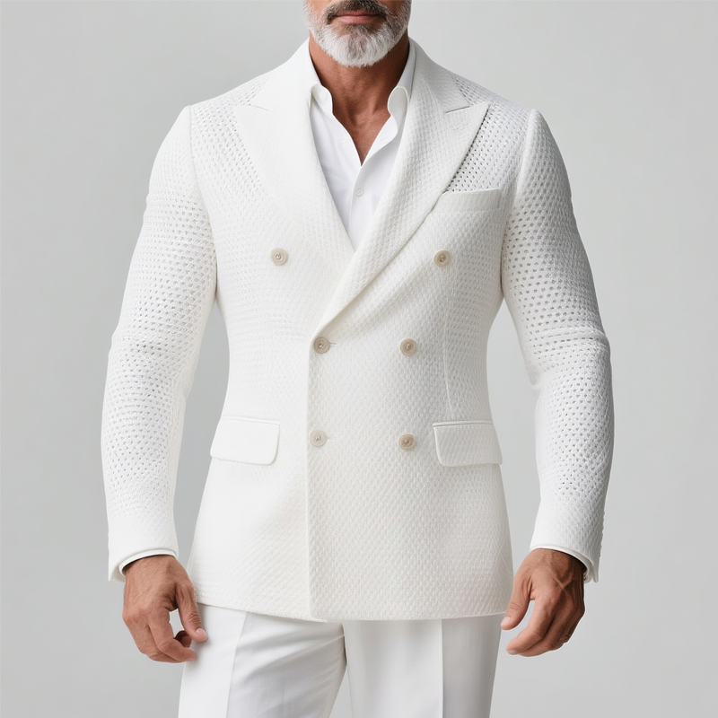Men's Solid Knit Hollow Out Peak Lapel Double Breasted Casual Blazer MTA0618H1Z