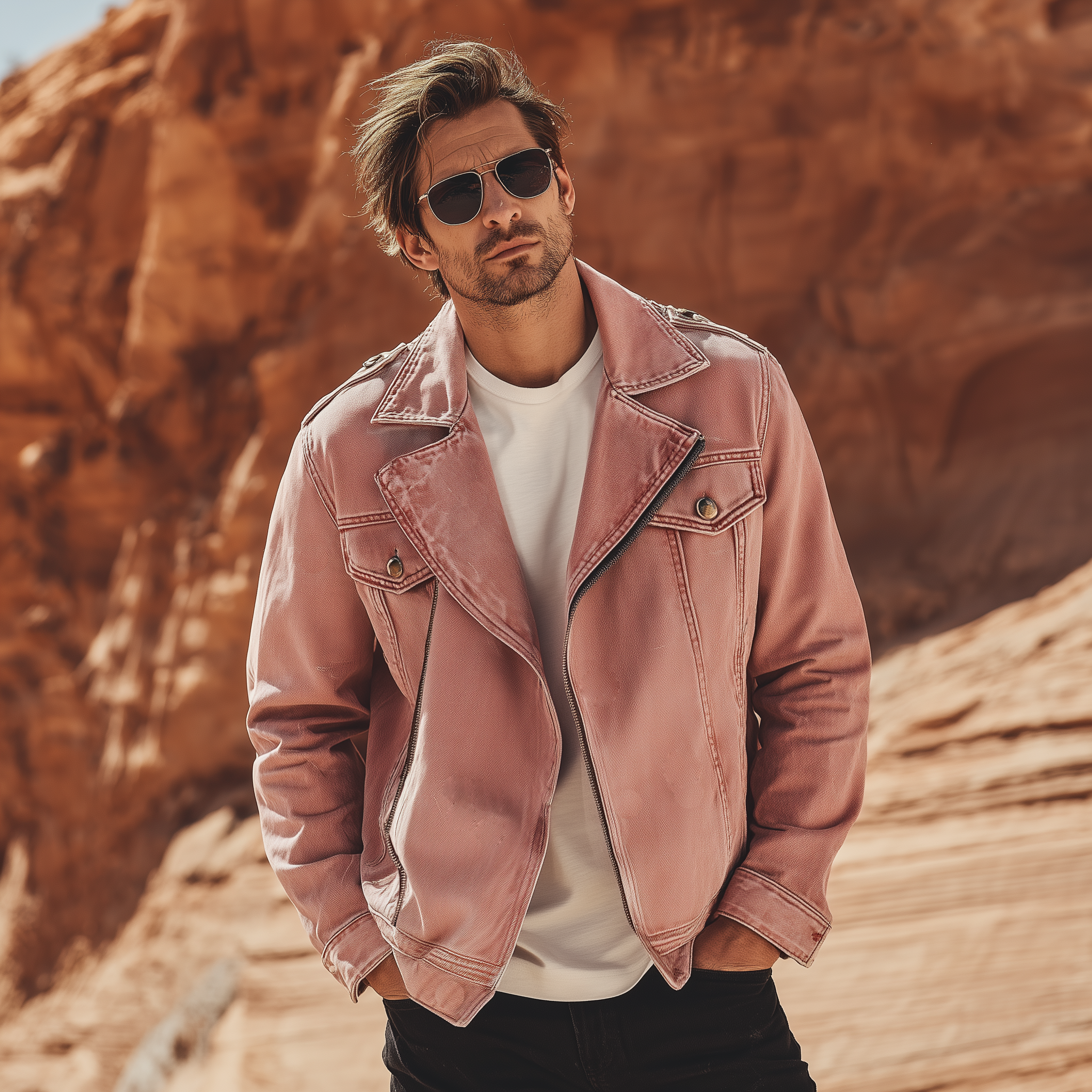 Men's Classic Casual Lapel Pink Washed Denim Zip-up Jacket MTA2193H4K