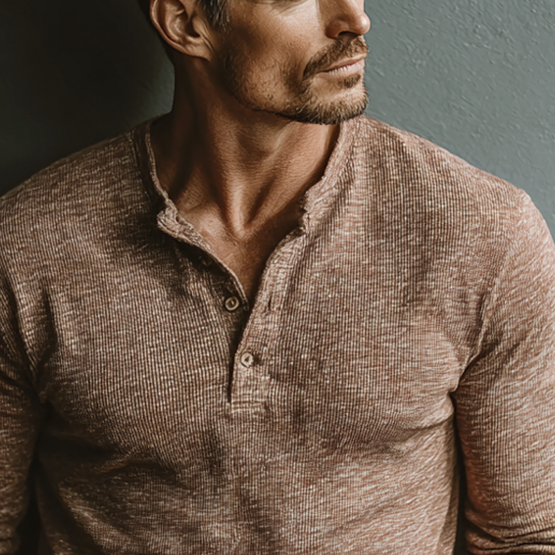 Men's Cotton Blend Long-sleeved Henley Collar Pullover T-shirt MTA2921J6X