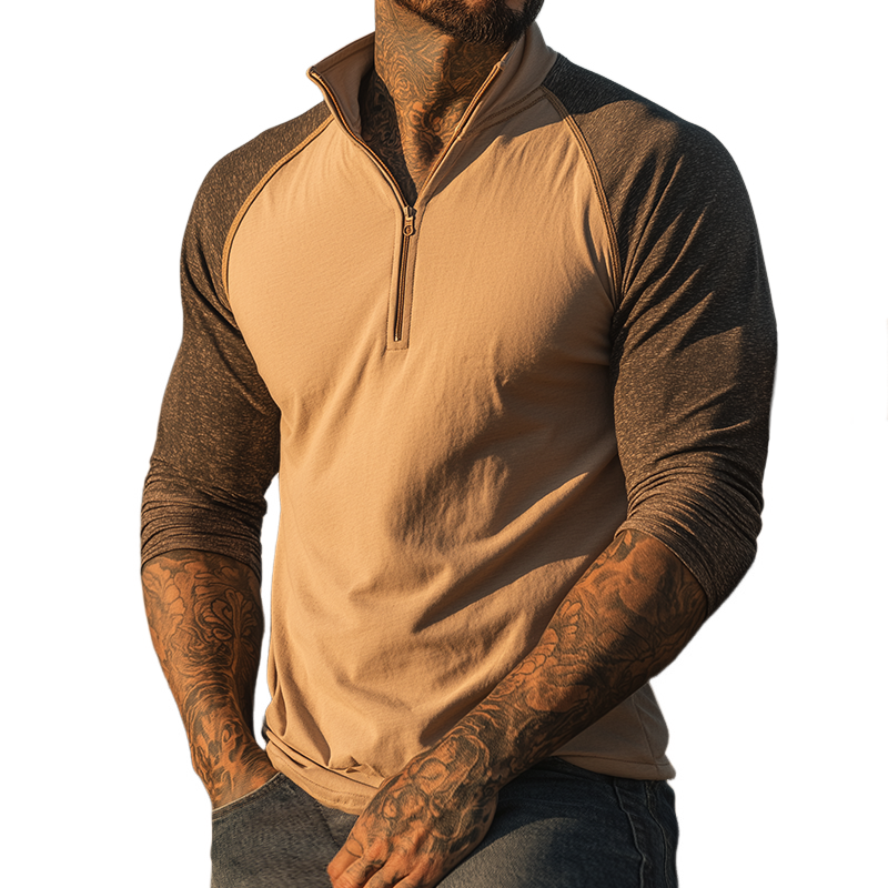 Men's Retro Casual Western Style Cotton Colorblock Zipper Neck Long Sleeve T-shirt MTA2174H6TO