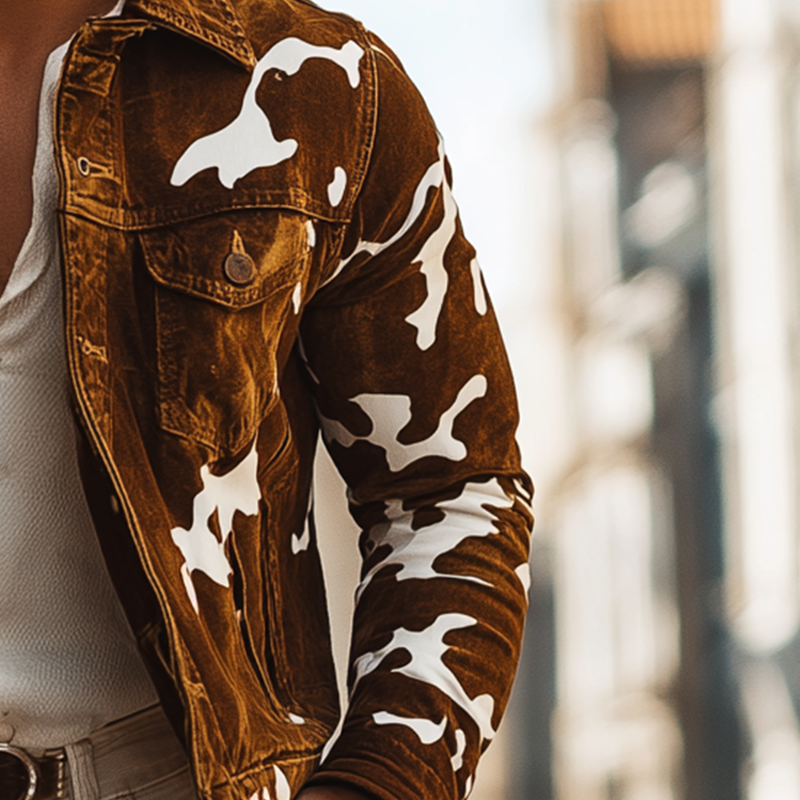 Men's Vintage Cowboy-style Cow Print Faux Suede Button-up Jacket MTA1630L4P