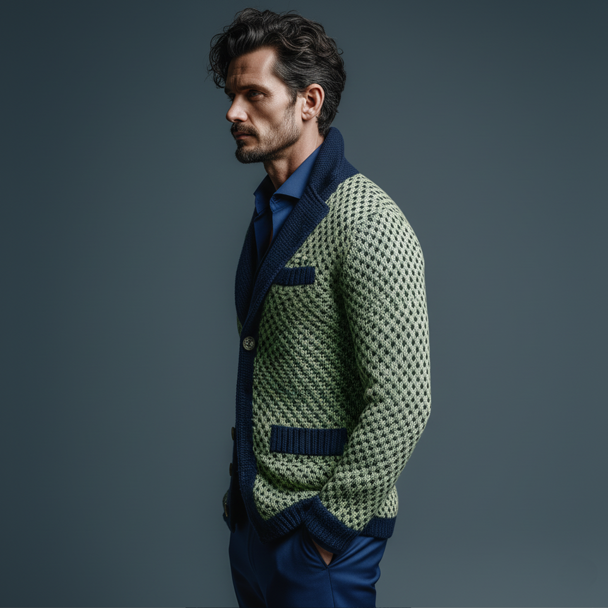 Men's Classic Casual Lapel Green And Navy Blue Slim Jacquard Knit Cardigan MTA2659I6K