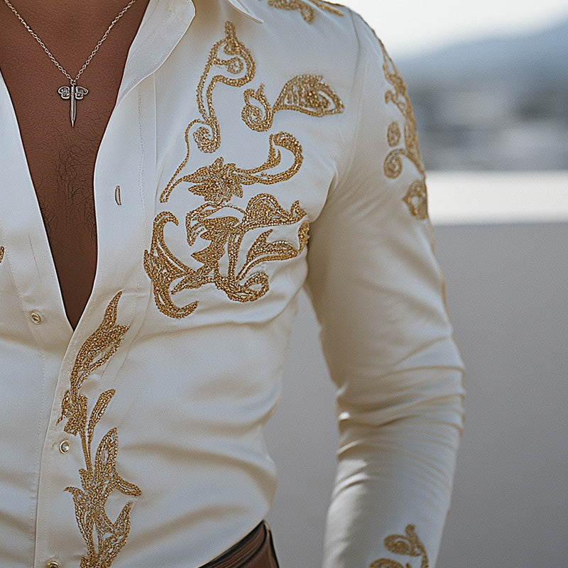 Men'S Summer Cowboy Style Embroidered Chiffon Long Sleeve Shirt MTA1312E6P