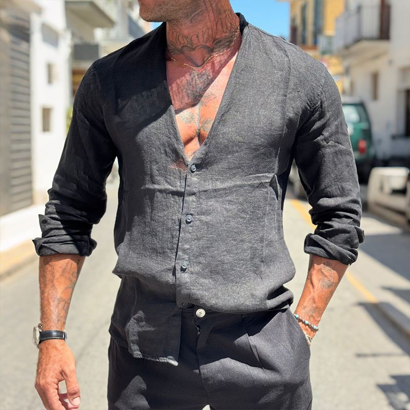 Men's Retro Casual Solid Color Linen Collarless Long Sleeve Shirt MTA2144G7TO