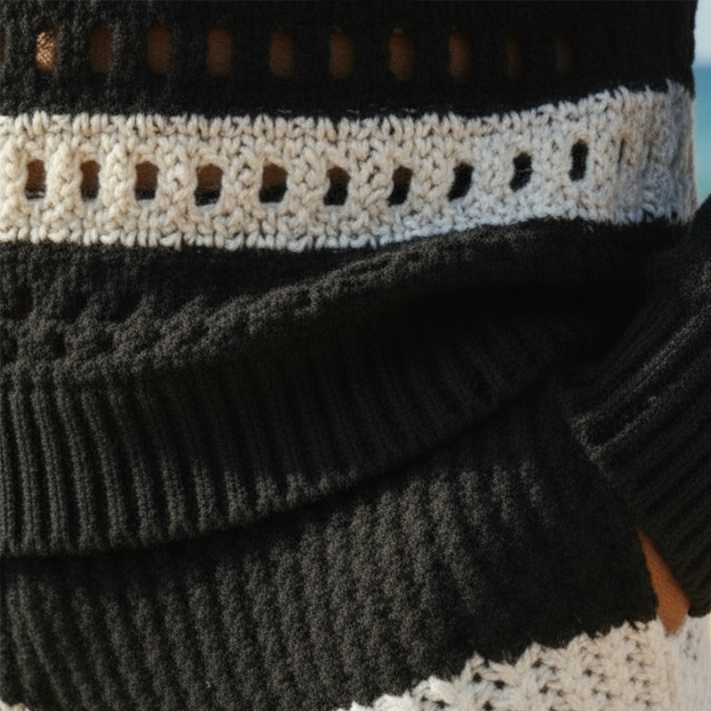 Men's Spring Retro Color-Block Striped Cotton Yarn Knitted Hollow Long-Sleeve Sweater MTZ2395A0P