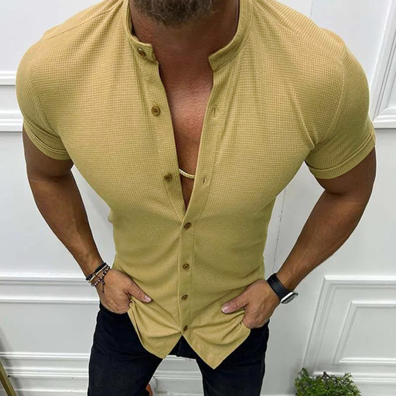 Men's Casual Solid Color Stand Collar Waffle Short Sleeve Shirt 42874660M