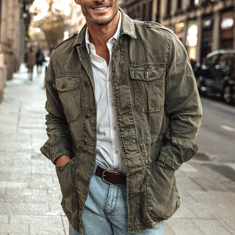 Men's Washed Distressed Military Style Lapel Multi-pocket Single Breasted Jacket MTA0547I1Z