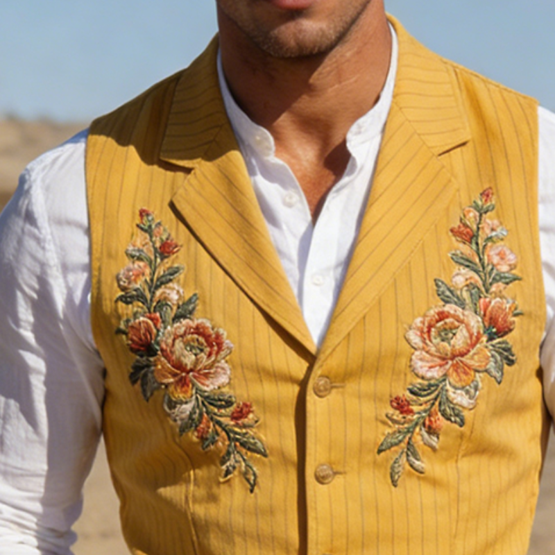 Men's Retro Casual Cotton Printed Striped Floral Embroidered Lapel Jacket MTZ1257A1TO