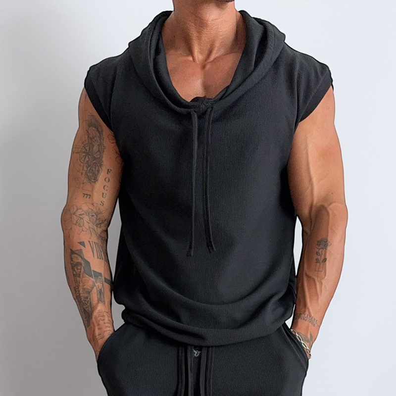 Men's Cotton Vintage Solid Drawstring Hoodie Tank Top MTA0401G3TO