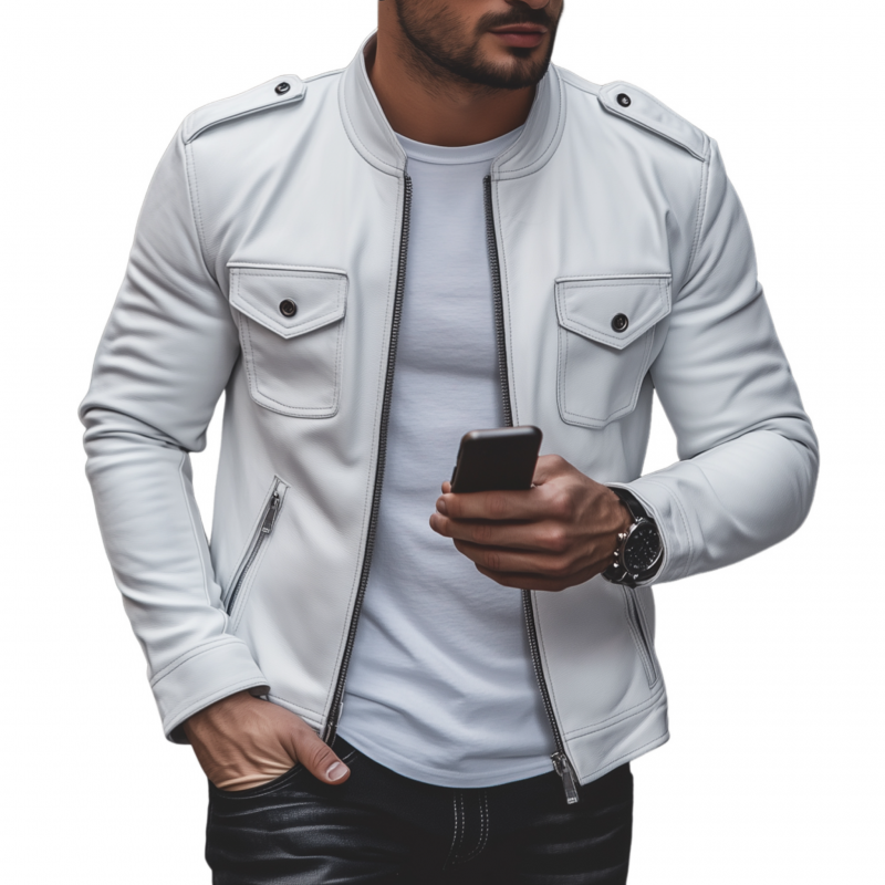 Men's Casual Solid Color Faux Leather Stand Collar Zipper Multi-Pocket Slim Fit Motorcycle Jacket MTA2521G5M