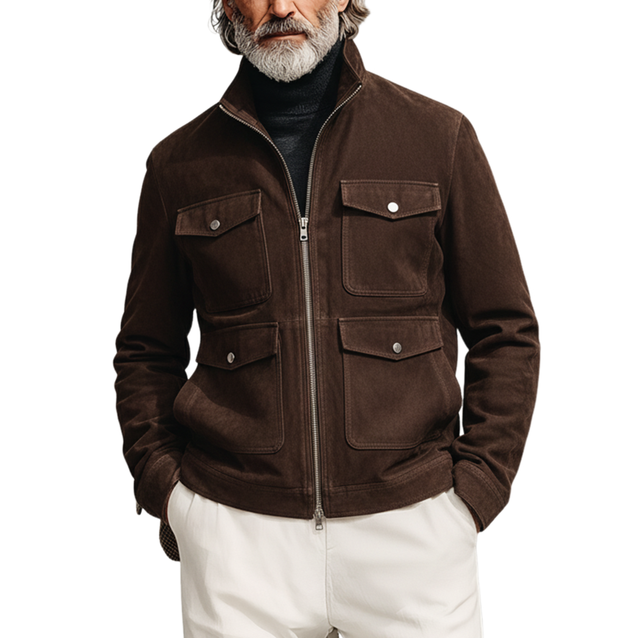 Men's Classic Light Business Stand Collar Multi-Pocket Faux Suede Jacket MTA0487K5K