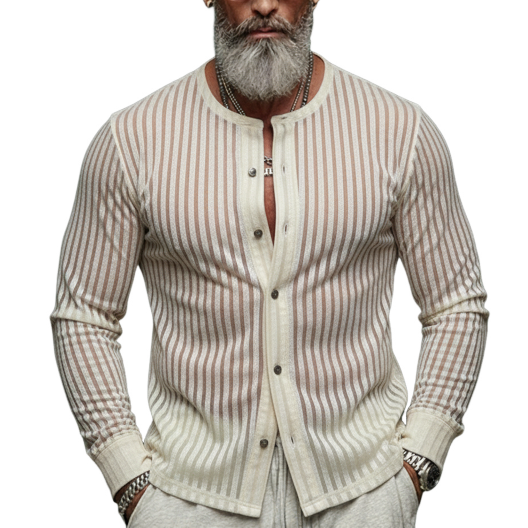 Men's Classic Casual Faux Velvet Striped Slightly Sheer Long-sleeved Shirt MTZ0541A2K