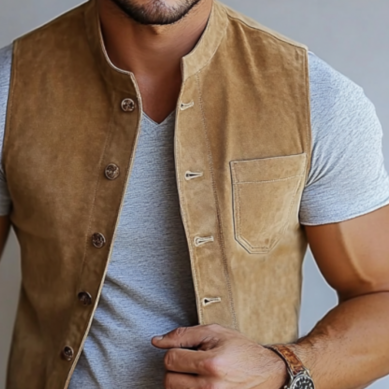 Men's Fashion Suede Stand Collar Single Breasted Slim Fit Vest 64492843Y