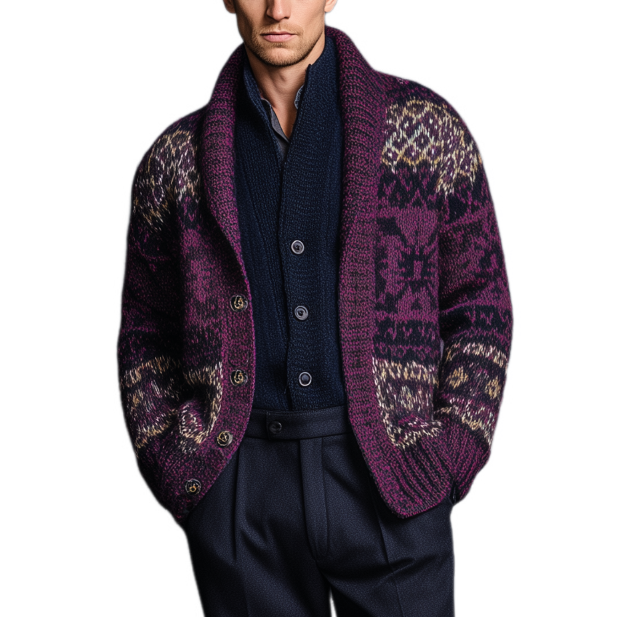 Men's Classic American Casual Contrast Jacquard Knit Cardigan MTA0426I7K