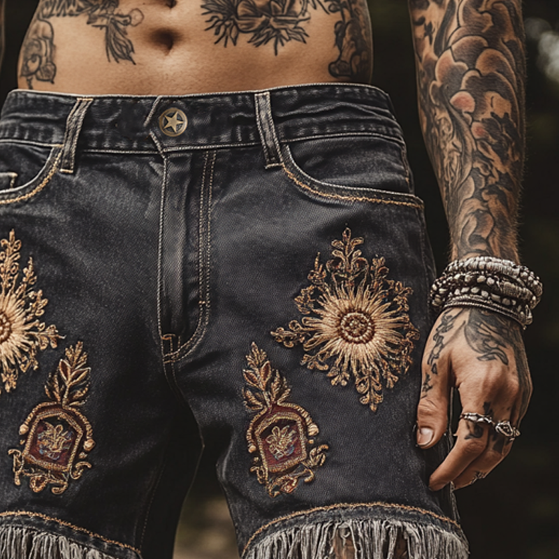 Herreshorts med vintage broderi og dusker i denim MTA1643F5X