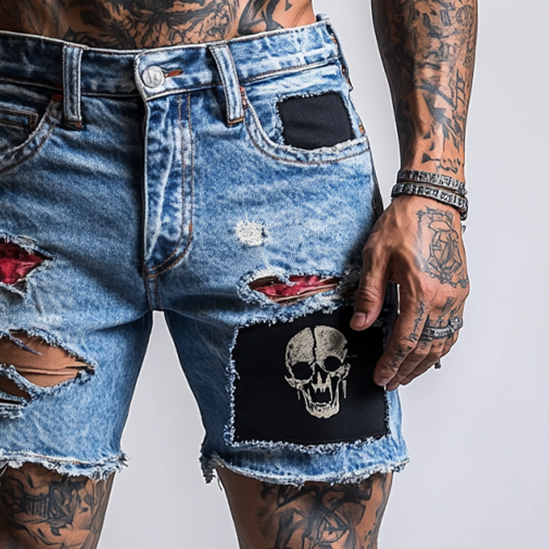 Men's Retro Skull Stitching Washed Denim Shorts MTA1794F6X