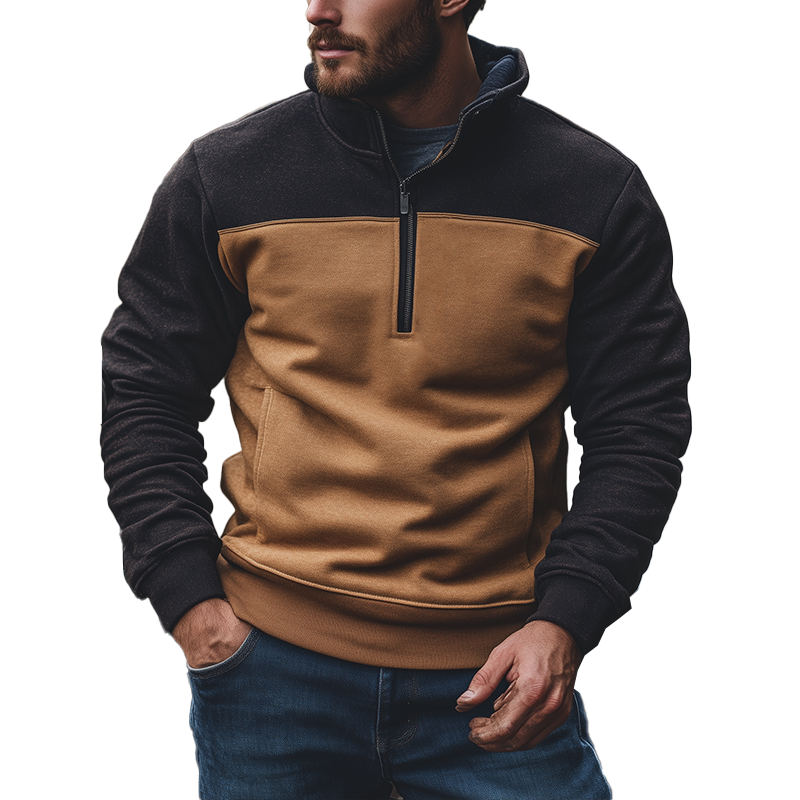 Men's Retro Cotton Blend Color Block Patchwork Half-Zip High Neck Sweatshirt MTA2901J4P