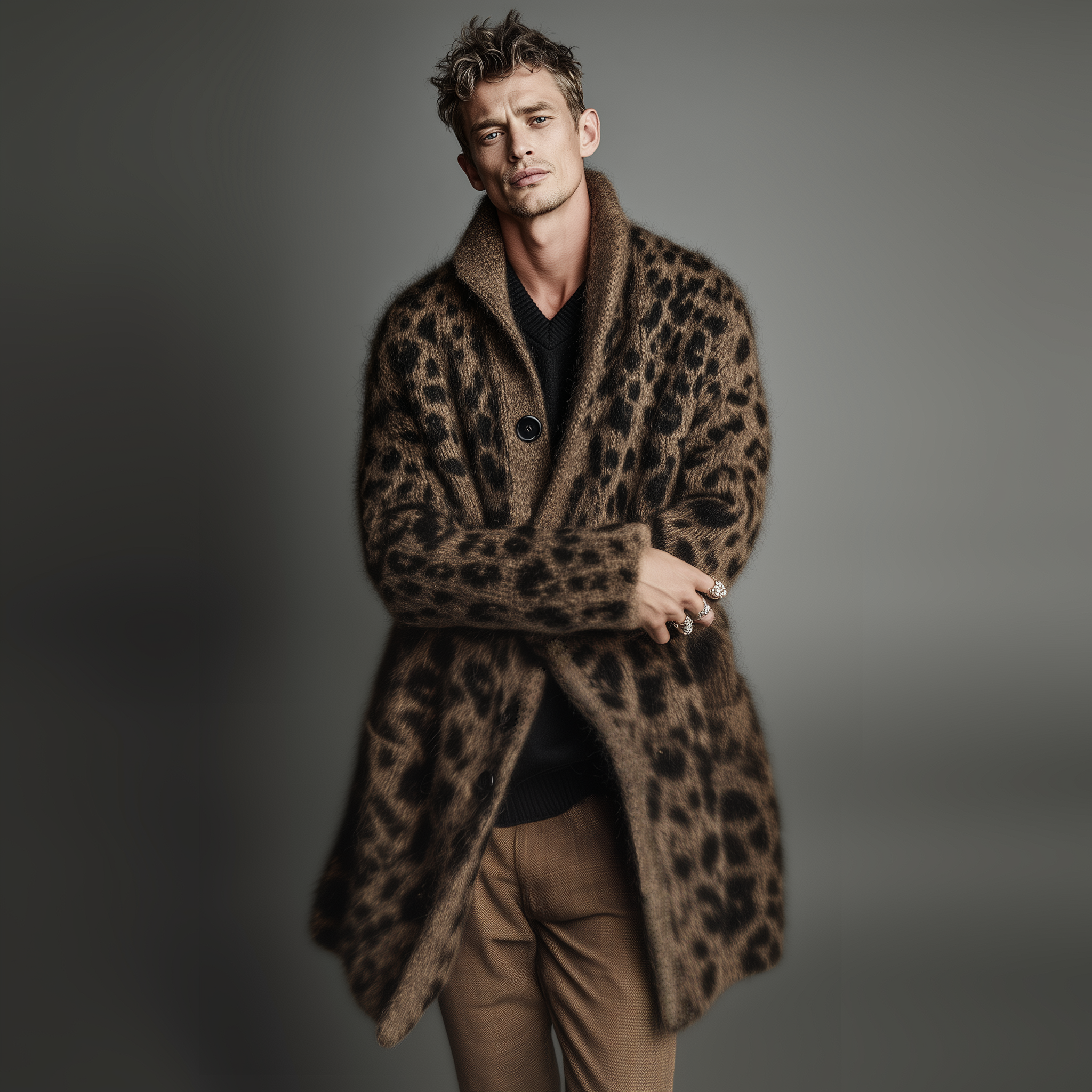 Men's Classic Casual Stand-up Collar Leopard Print Thigh-length Knitted Cardigan MTA1697J6K