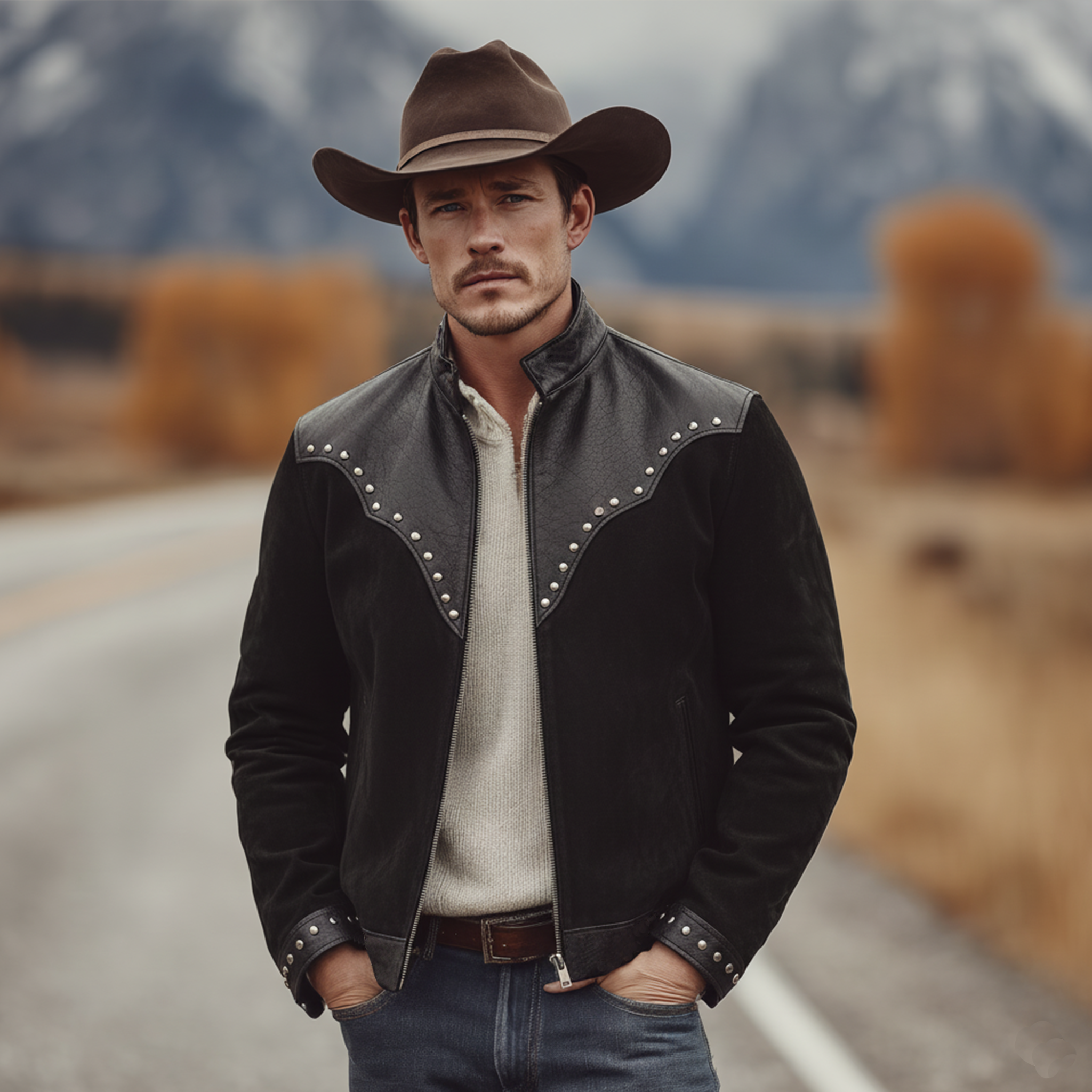 Men's Classic Retro Western Style PU Leather Stand-up Collar Metal Studded Faux Suede Jacket MTA2578K5K