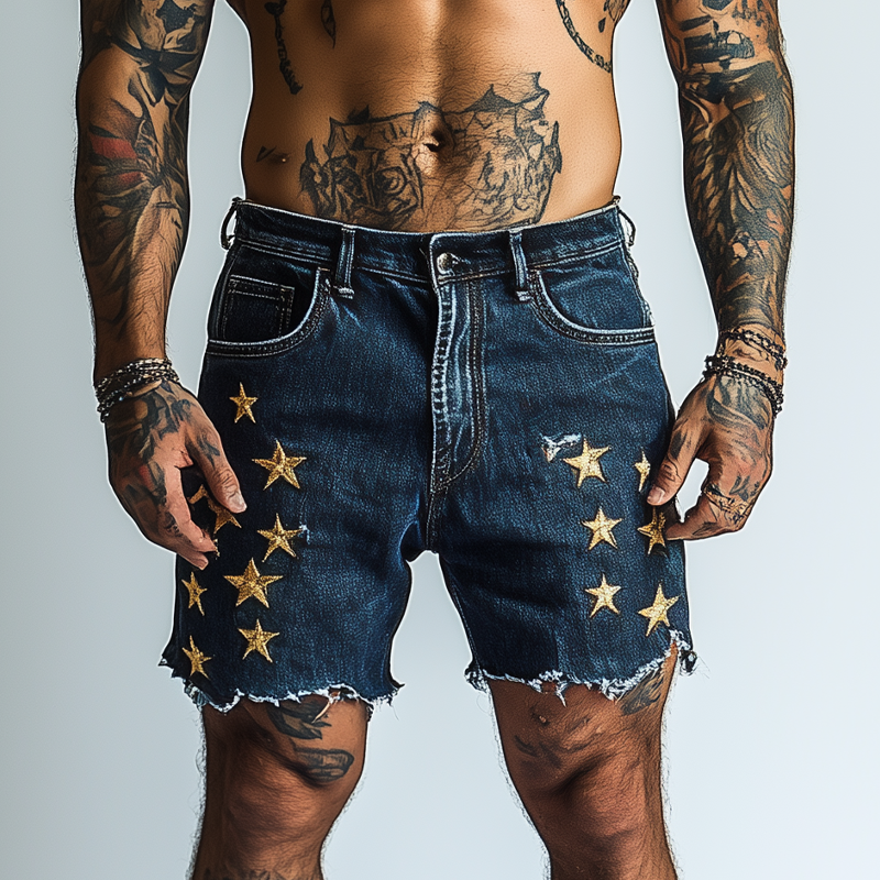 Men's Star Embroidered Denim Shorts MTA1723F8X