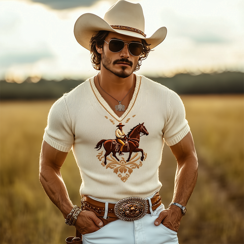 Men's Spring And Summer Fashion Casual Western Cowboy Style Thin V-neck Knitted Embroidered Short-sleeved T-shirt MTA1541E3K