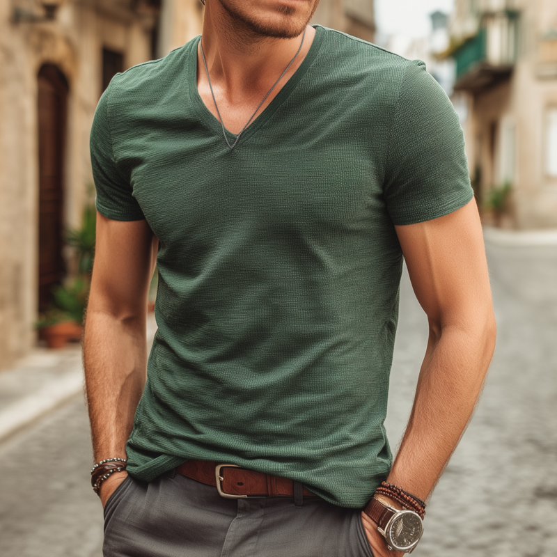 Men's Casual Breathable Cotton Blended Textured Fabric V-neck Slim Short-sleeved T-shirt MTA0119G5M