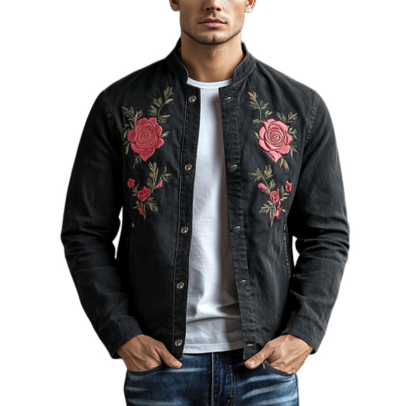 Men's Classic Casual Embroidered Denim Stand Collar Jacket 77310317K