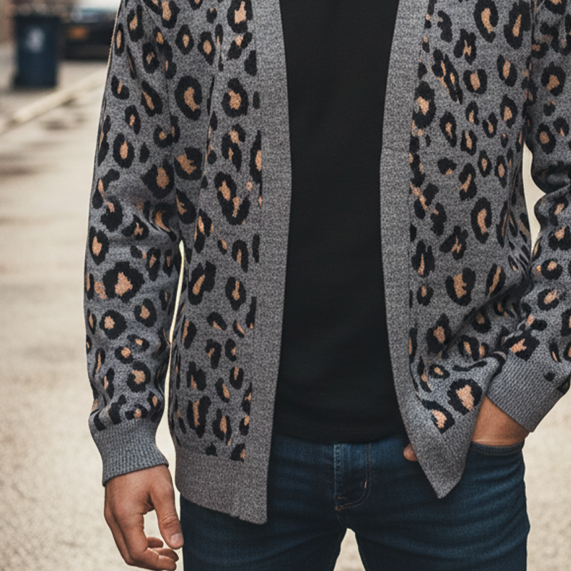 Men's Leopard Jacquard Knit V-Neck Cardigan MTA2686I0X