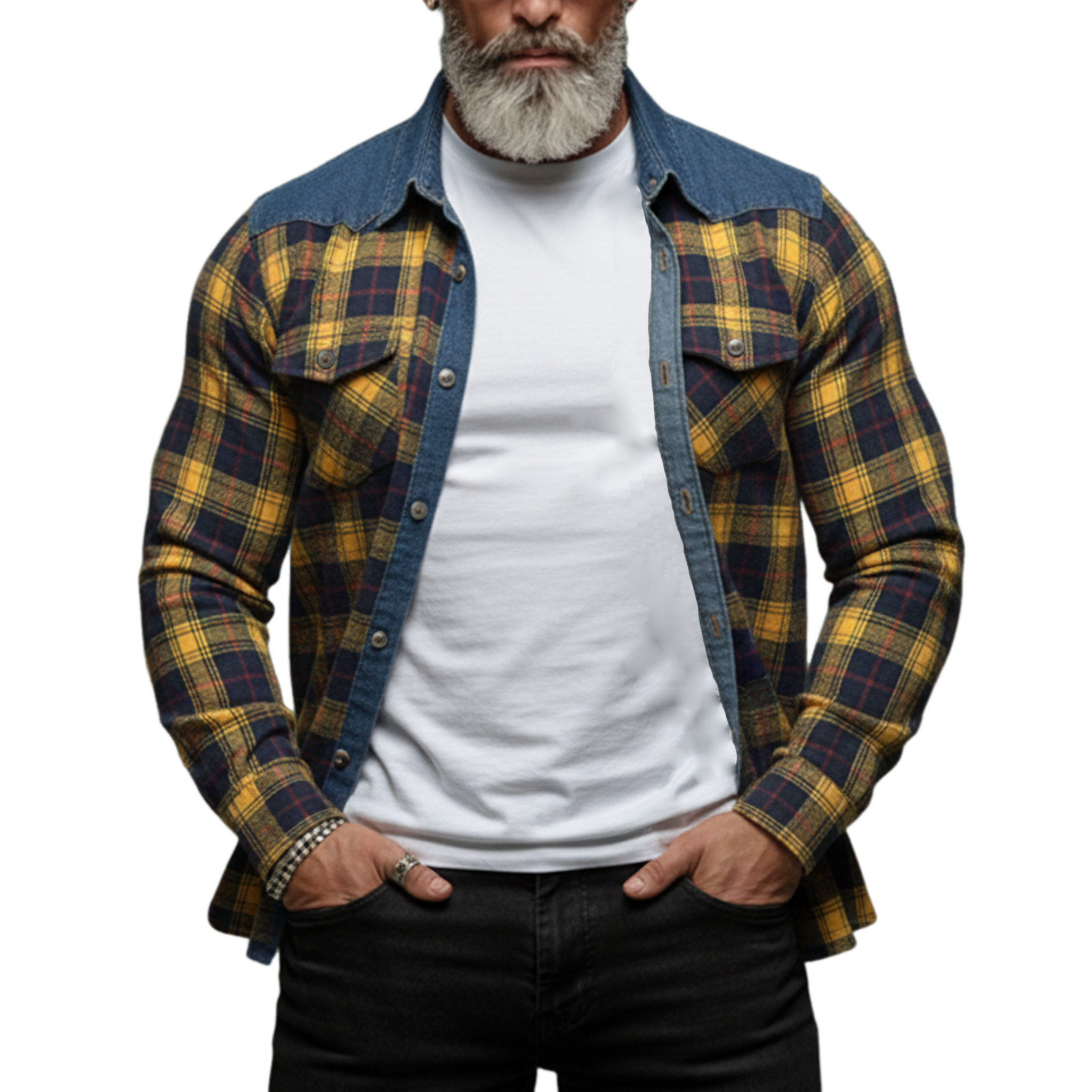 Men's Classic Casual Denim Patchwork Plaid Cotton Blend Long-sleeved Shirt MTA0961L1K