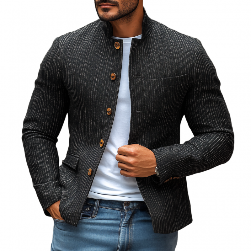 Men's Stylish Linen Striped Stand Collar Single Breasted Slim Short Blazer MTA1898G2M