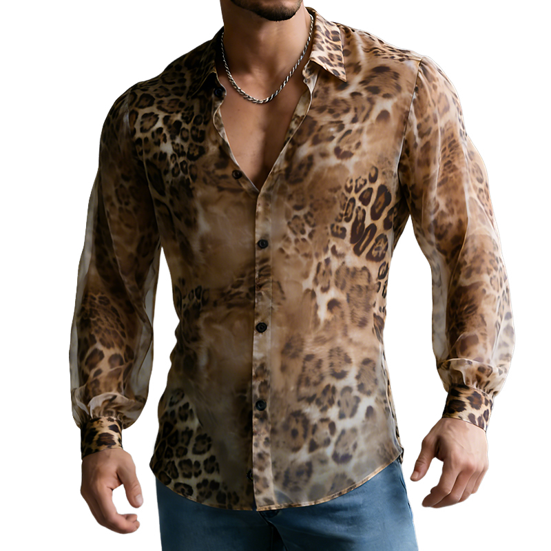 Men's Retro Casual Chiffon Leopard Print Lapel Long-Sleeve Shirt MTZ0540B1TO