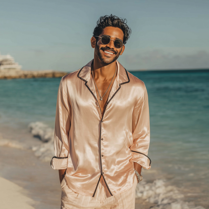 Men's Vintage Elegant Satin Colorblock Lapel Single Breasted Slim Fit Long Sleeve Shirt MTA1452G7M